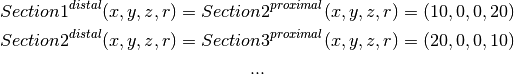 Section1^{distal}(x,y,z,r)=Section2^{proximal}(x,y,z,r) = (10,0,0,20)

Section2^{distal}(x,y,z,r)=Section3^{proximal}(x,y,z,r) = (20,0,0,10)

...